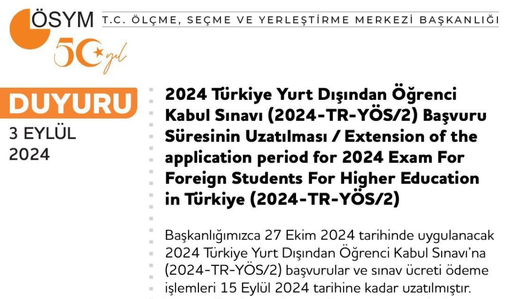 2024-TR-YÖS/2 BAŞVURU SÜRESİ UZATILMIŞTIR